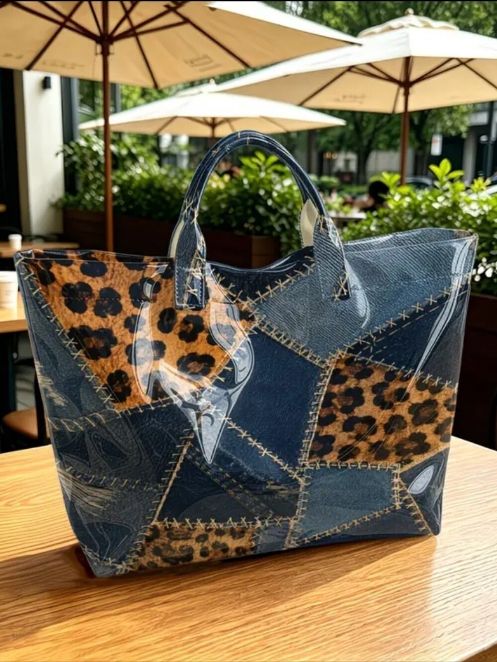 Safari Denim Patch Look PVC Tote Shoulder Bag - Picture 7 of 8